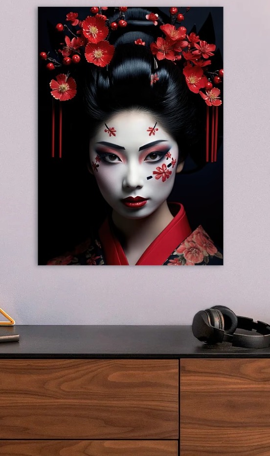 Geisha Portrait with Red Floral Accents — metal poster wall art by Lineer